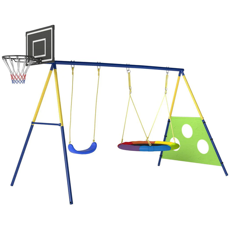 AIYAPLAY 4-in-1 Kids Swing Set with Saucer Swing, Basketball Hoop and Football Goal, Outdoor Playground Playset for Garden