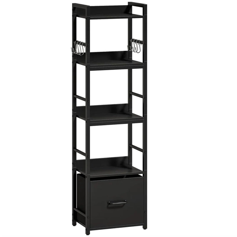 HOMCOM 4-Tier Bookshelf, Narrow Bookcase with Drawer, 8 Hooks, Metal Frame, Black