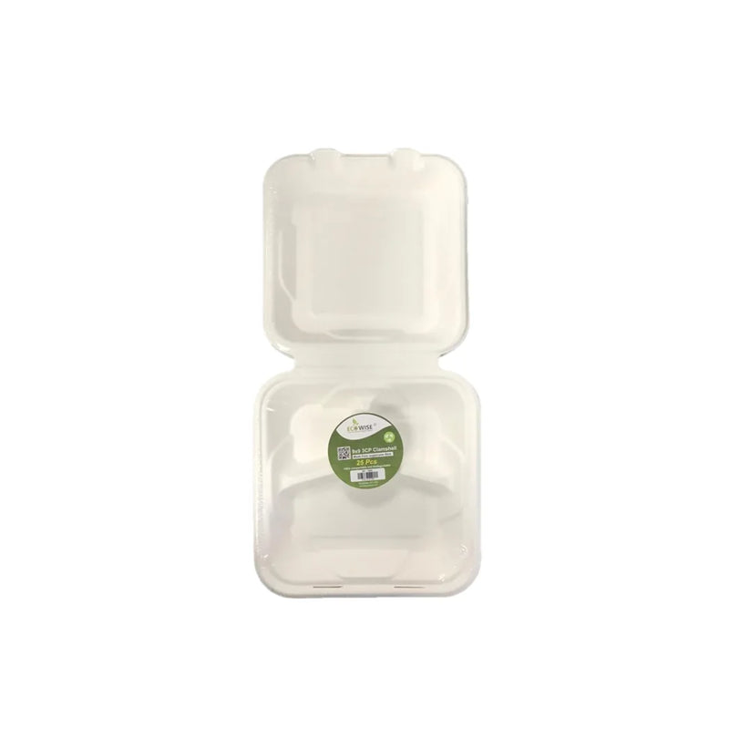 Disposable Compostable Eco – Bio Bagasse Sugarcane Clamshell Burger Bo x 3 Compartment Pack Of 25