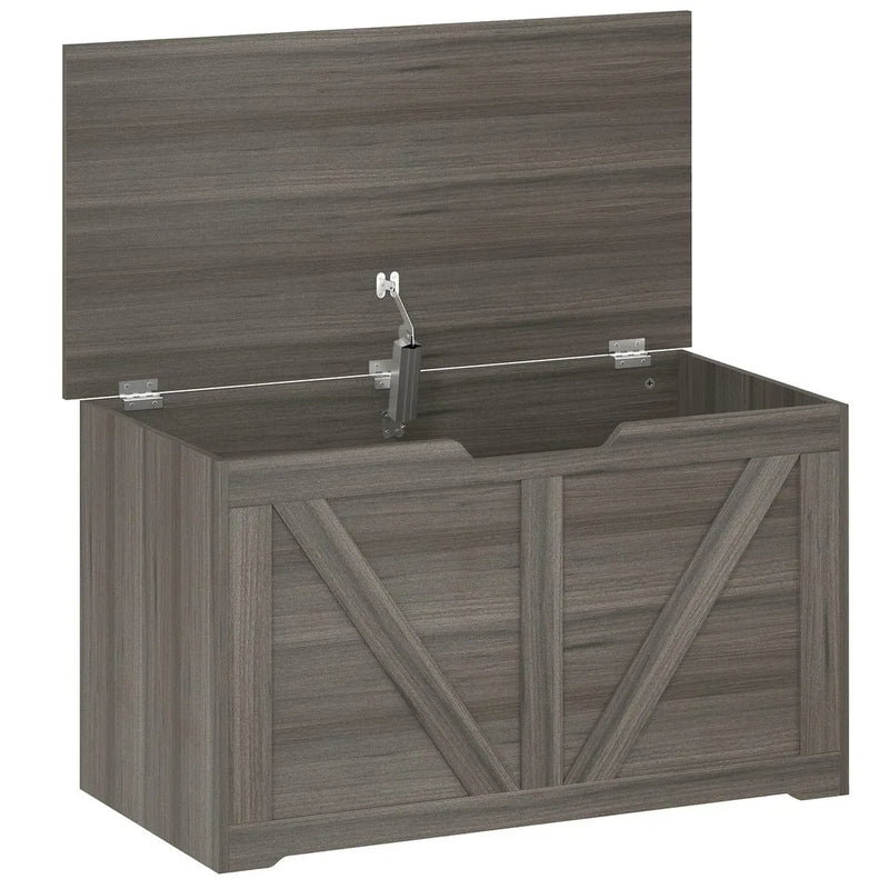 HOMCOM 100L Home Storage Box, with Safety Hinge - Dark Grey Wood-Effect