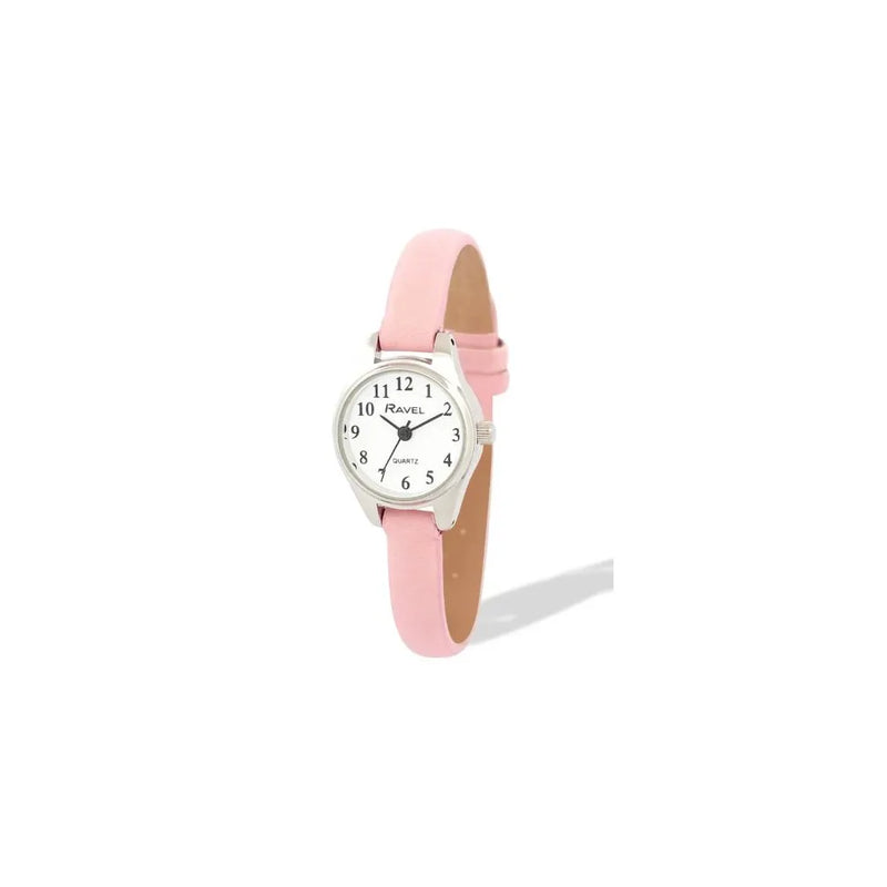 Ravel Ladies Round Petite Silver Case Clear Numeral with Pink Leather Strap Watch