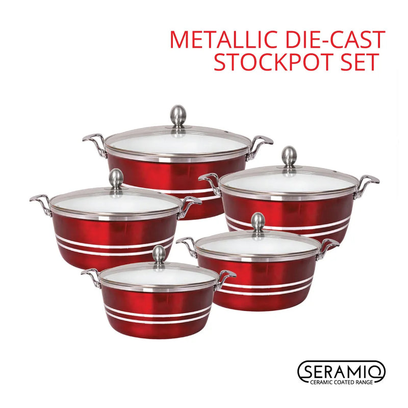 Sq Professional Metallic Die Cast Stockpot Set Of 5 Ruby