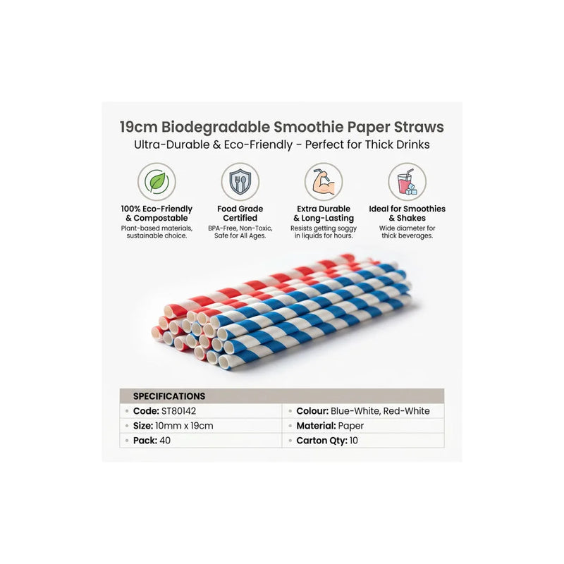 Biodegradable Smoothie Paper Straws, Pack Of 40