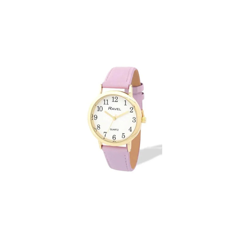 Ravel Ladies Basic Medium Gilt Case White Dial Purple Leather Strap Watch