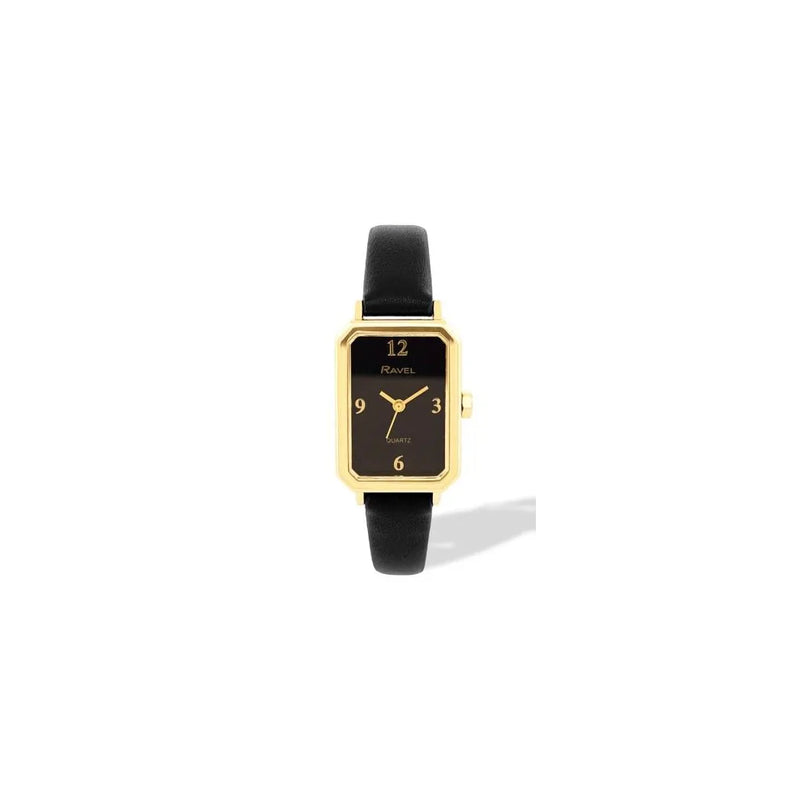Ravel Ladies Fashion Rectangular Gilt Case Dial with Black Leather Strap Watch
