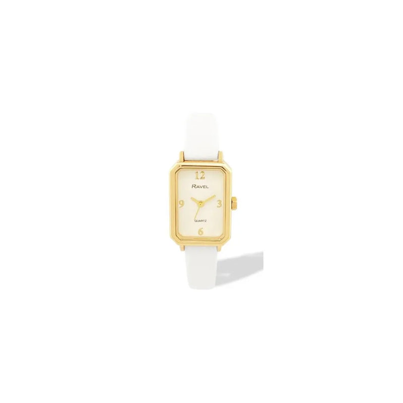 Ravel Ladies Fashion Rectangular Gilt Case Dial with White Leather Strap Watch