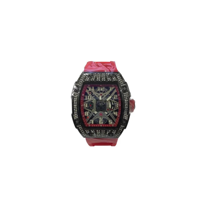 New Rubber Gents Black Bling Fashion Quartz Movement Skeleton Clear Dial Red Rubber Strap Watch