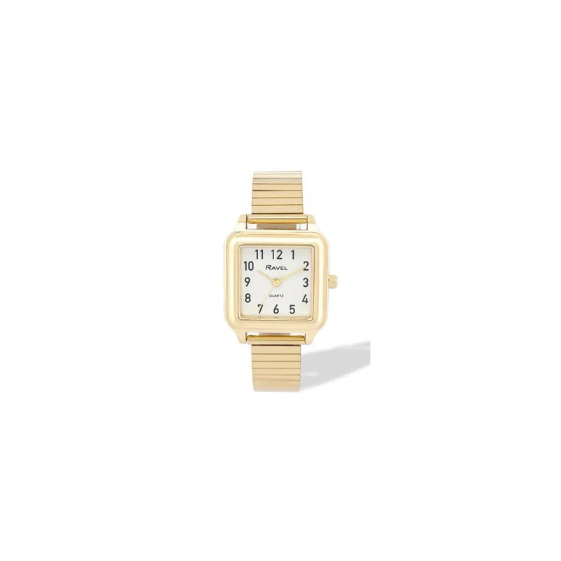 Ravel Ladies Basic Easy Read Square White Dial Golden Stainless Steel Expander Bracelet Watch