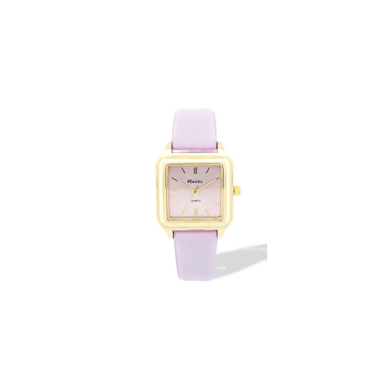 Ravel Ladies Fashion Summertime Square Gilt Case Dial with Purple Leather Strap Watch