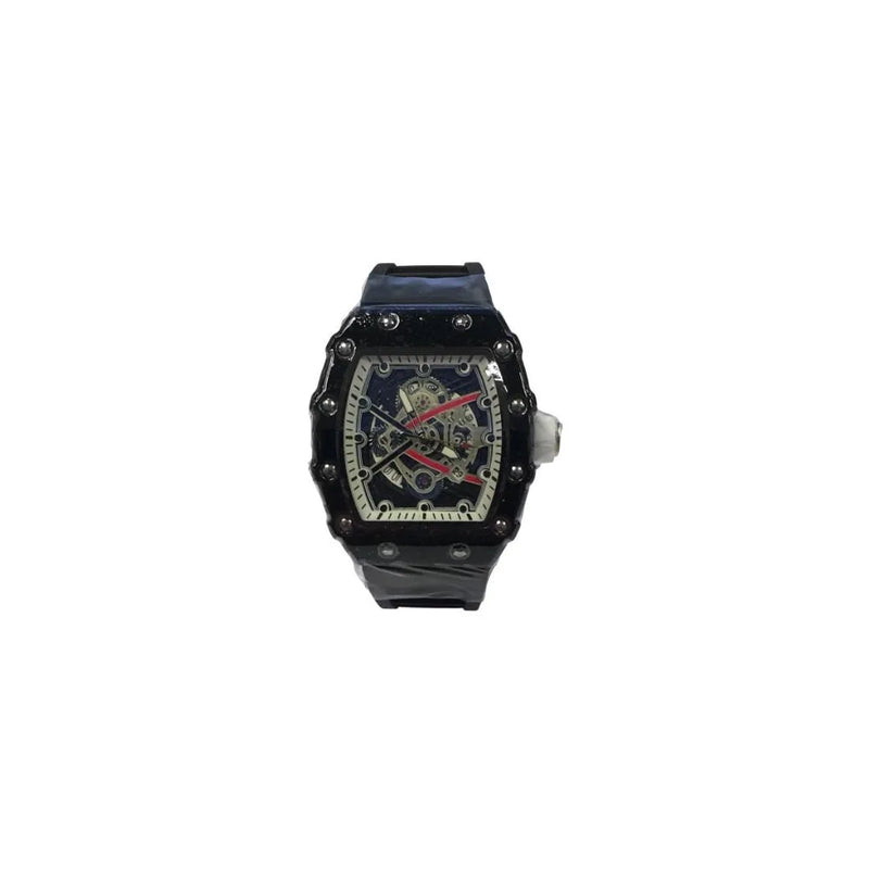 New Rubber Gents Black Screw Fashion Quartz Movement Dated Skeleton Clear Dial Black Rubber Strap Watch