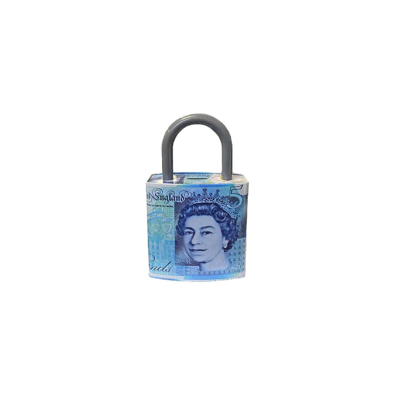Queen Elizabeth Pound Note Reusable Coin Money Tin Bo x Padlock Shape With Handle Assorted Designs Mth (Parcel Rate)