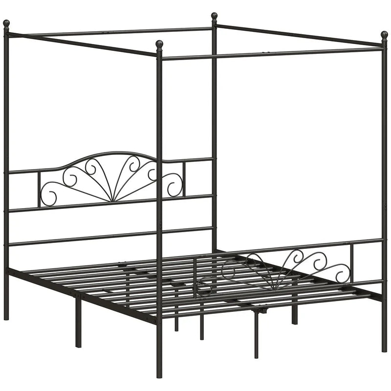 HOMCOM Canopy Bed Frame Double Size, Metal Platform Bed Frame with Headboard and Footboard, Underbed Storage, Black