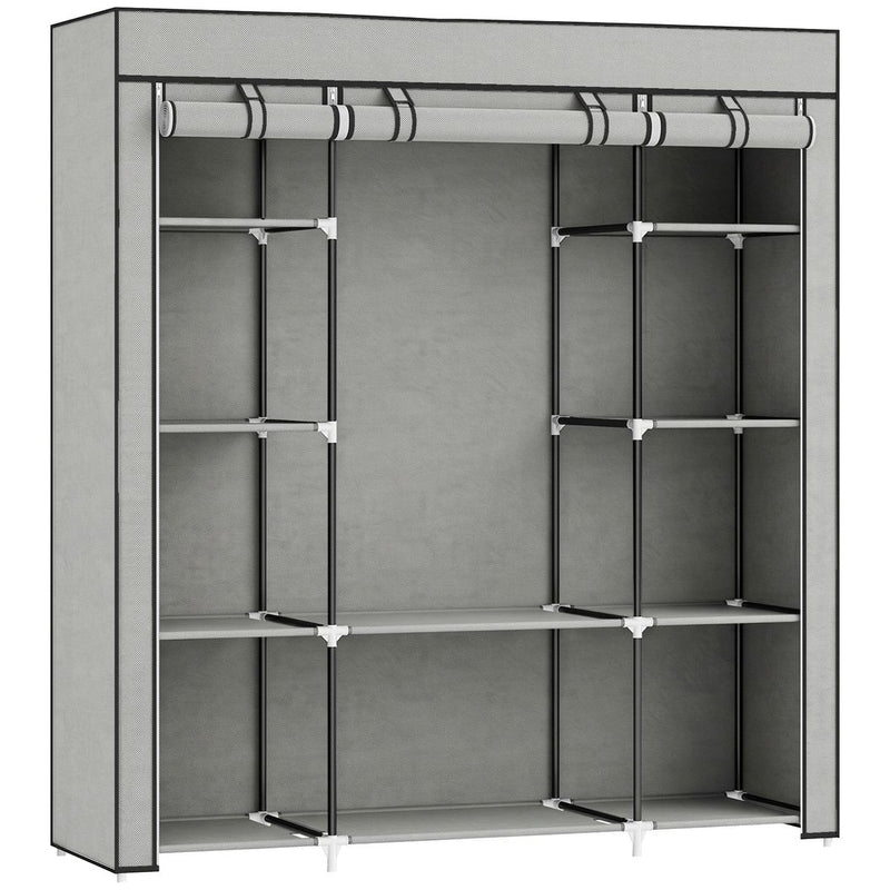 HOMCOM Clothes Storage Organiser with Hanging Rail, Shelves, Portable Wardrobe, Foldable Fabric Wardrobe, Light Grey