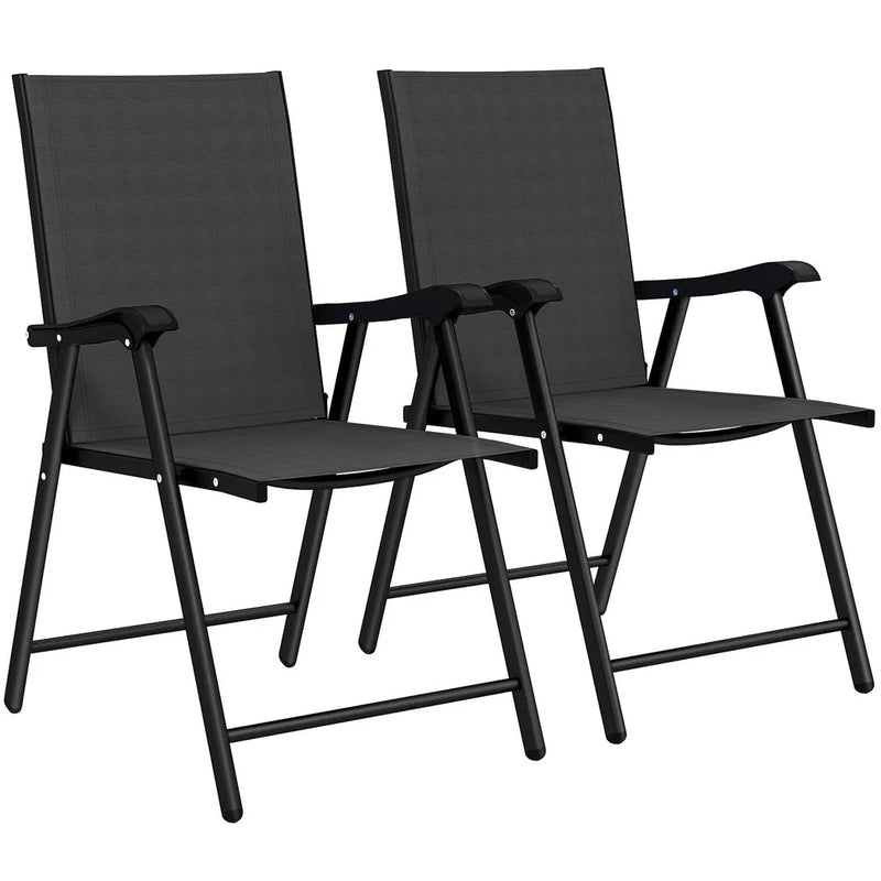 Outsunny Folding Garden Chairs Set of 2, Foldable Garden Dining Chairs with High Back, Armrests, Texteline Seat, Black