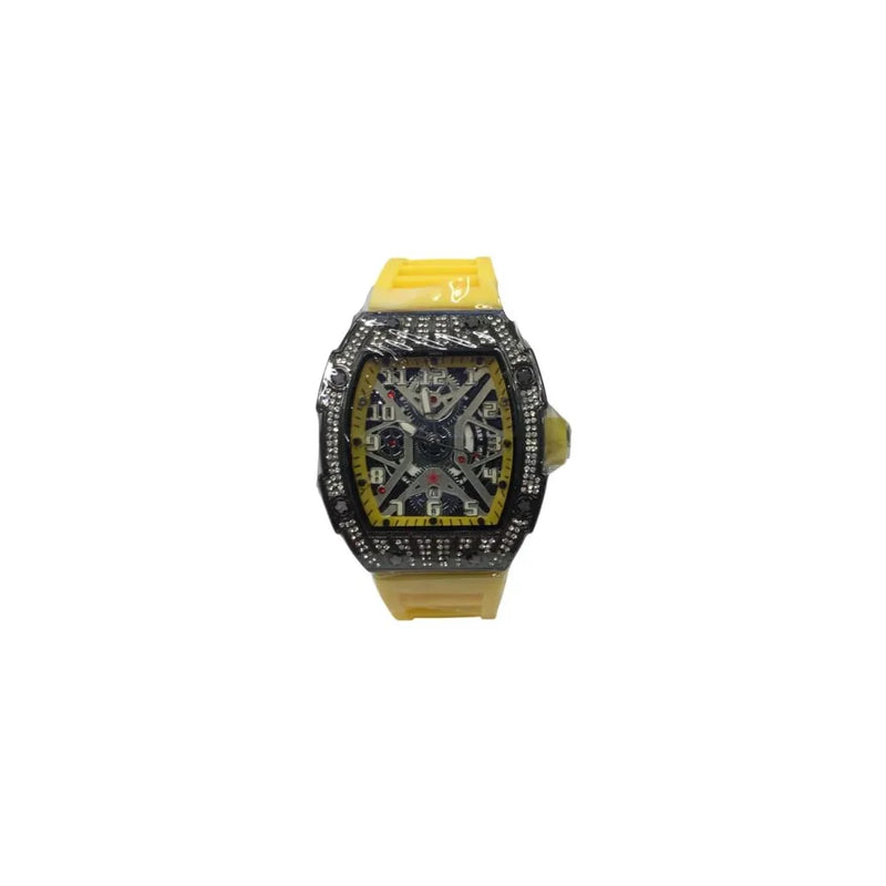 New Rubber Gents Black Bling Fashion Quartz Movement Skeleton Clear Dial Yellow Rubber Strap Watch