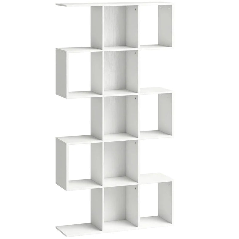 HOMCOM 5-Tier Bookshelf, S Shaped Geometric Bookcase with 15 Compartments, White Wood Effect