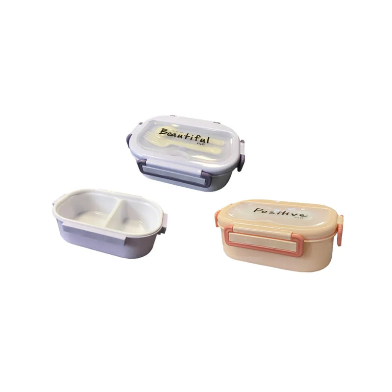 Plastic 2 Compartment Lunch Bo x With Cutlery Assorted Colours