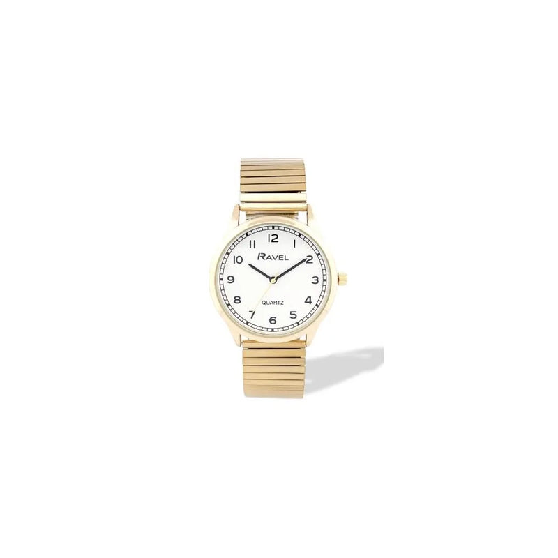 Ravel Mens Basic Easy Read Minute Track on White Dial Golden Stainless Steel Expander Bracelet Watch
