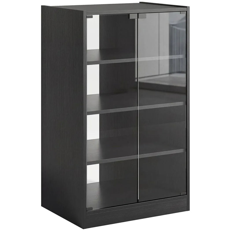 HOMCOM 4-Tier Hi-Fi Stand,  Record Player Stand with Adjustable Shelves and Push-to-Open Glass Doors, Black Wood-Effect