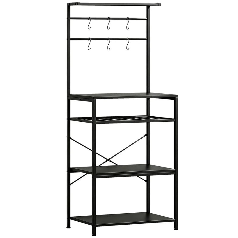 HOMCOM Freestanding Shelving Unit, Industrial Storage Shelf with 6 Hooks and Wine Rack for Living Room, Home Office, Black