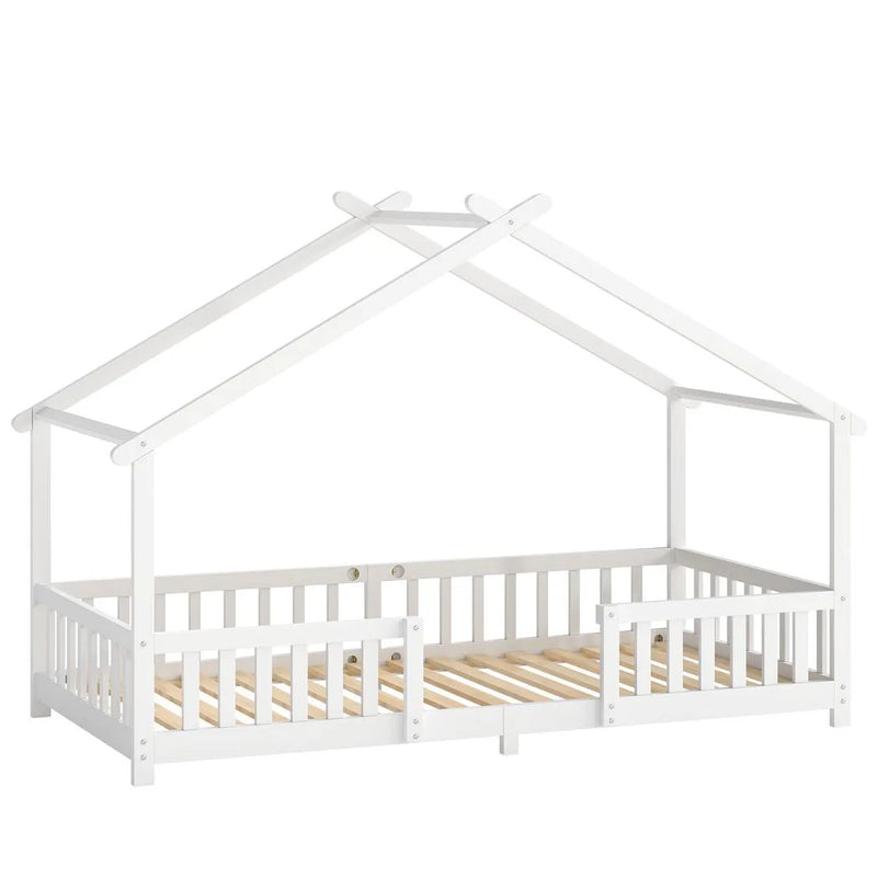 AIYAPLAY Wooden Kids House Single Bed Frame, Solid Pine Wood Toddler Bed with Dual Guardrails for Children, Boys, Girls, White