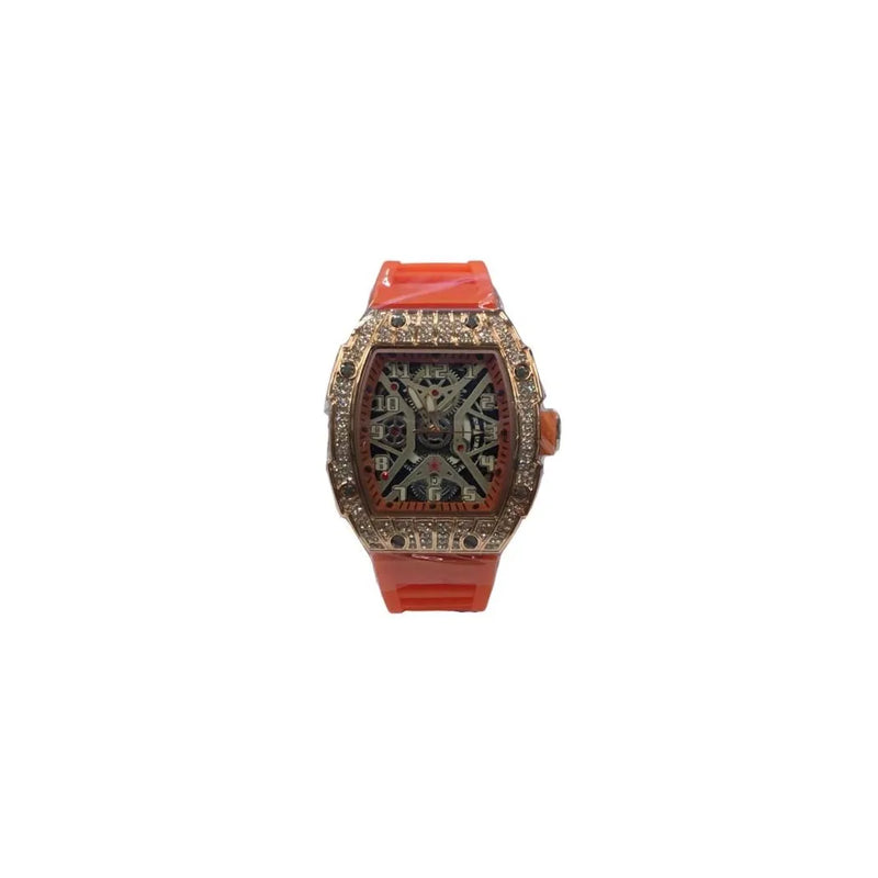 New Rubber Gents Rose Bling Fashion Quartz Movement Skeleton Clear Dial Orange Rubber Strap Watch