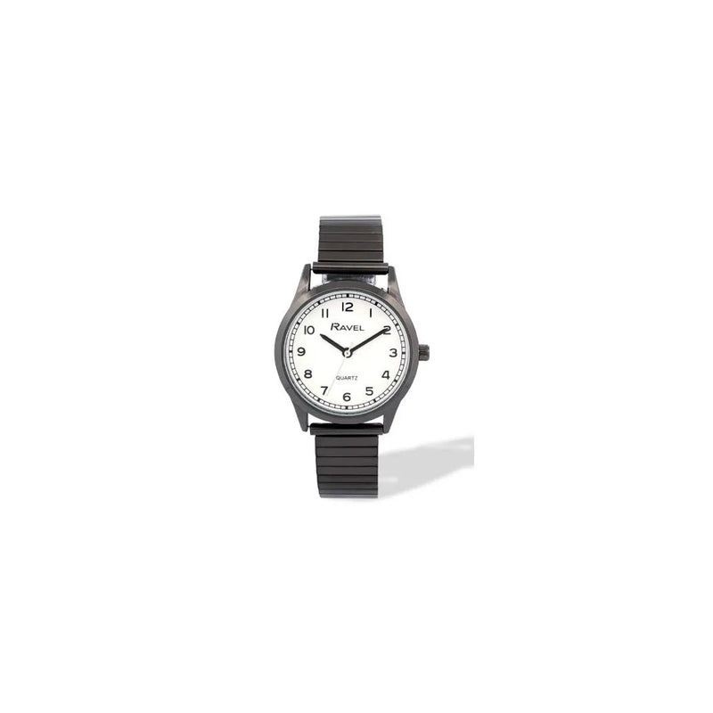 Ravel Ladies Basic Easy Read Minute Track on White Dial Black Stainless Steel Expander Bracelet Watch