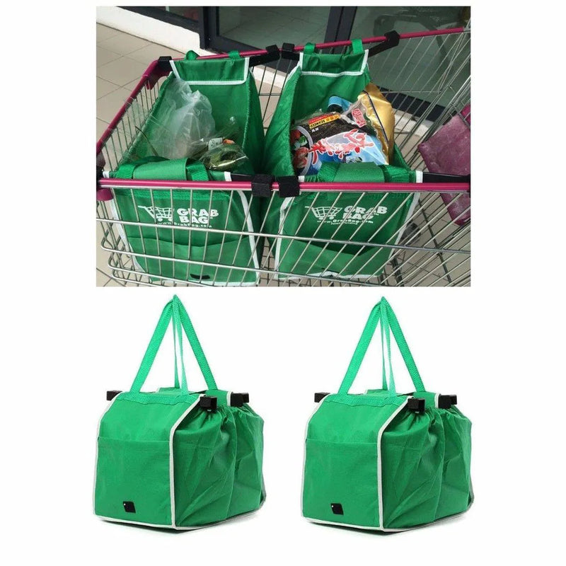 2 x Supermarket Shopping Trolley Foldable Reusable Grocery Grab Clips Bag