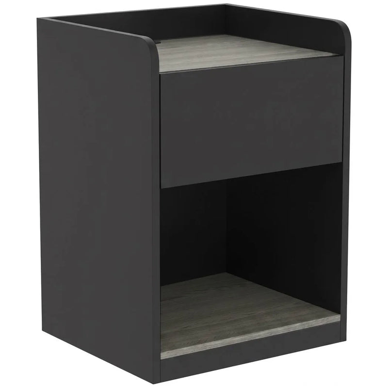 HOMCOM Modern Bedside Table, Slim Nightstand with Drawer, Shelf and Cable Holes, Black and Grey Wood Effect