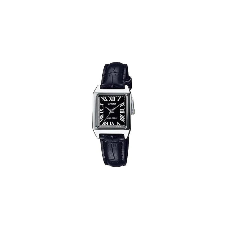 Casio Ladies Basic Water resistant Stainless Steel Rectangle Case Black Dial Black Leather Strap Watch