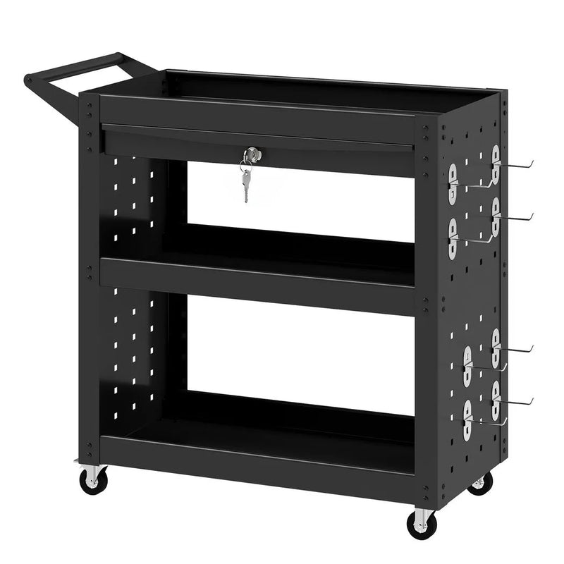 HOMCOM Tool Cart with Lockable Wheels, Rolling Workshop Cart with 3-Tier Trays, Drawer, Pegboards, Black