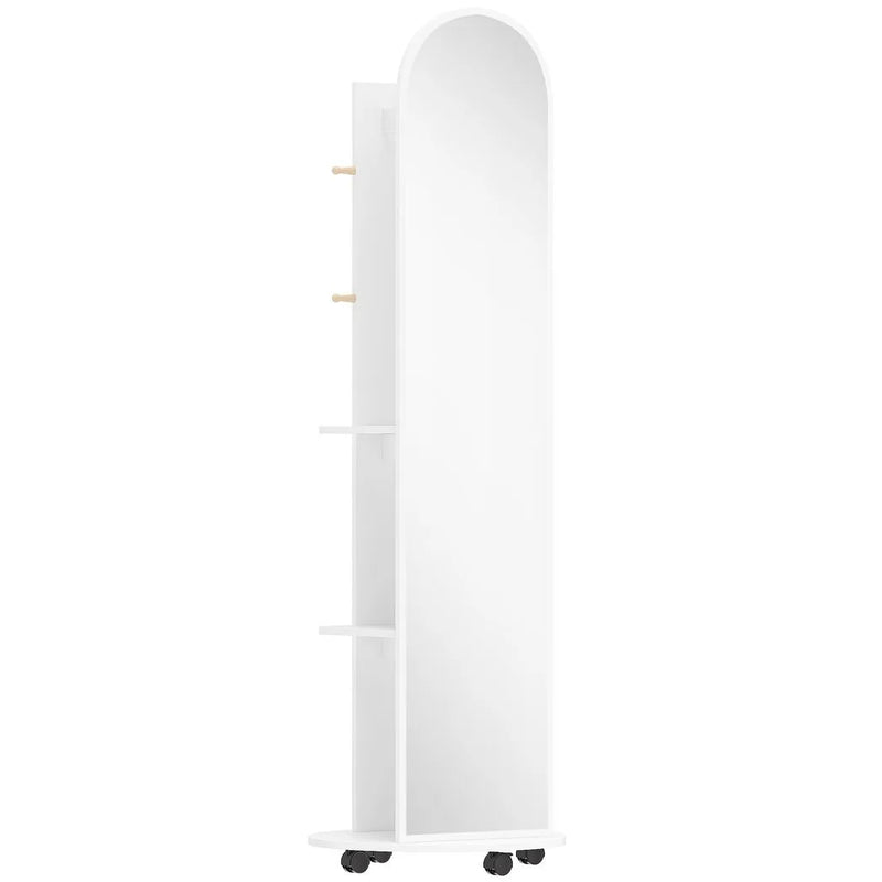 HOMCOM 2-in-1 Full Length Mirror with Storage Shelves, Floor Mirror with 4 Wheels, Coat Rack, Hooks, White
