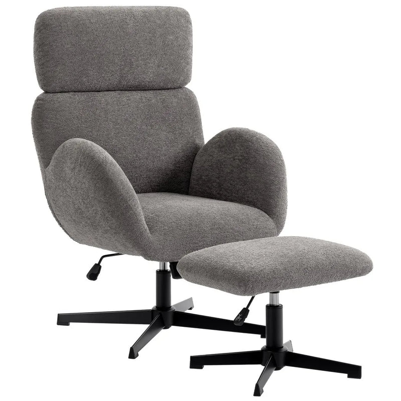 HOMCOM Swivel Armchair and Footstool Set, Height Adjustable Accent Chair with Adjustable Headrest, Rocking Function, Grey
