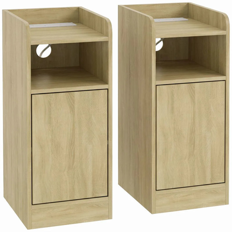 HOMCOM Slim Bedside Table Set of 2 with Charging Station, Narrow Bedside Cabinet with Adjustable Shelf, Oak