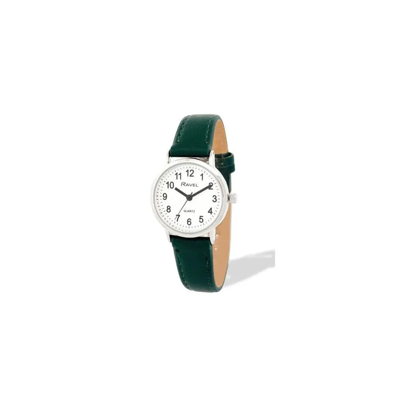 Ravel Ladies Basic Big White Dial Green Leather Strap Watch