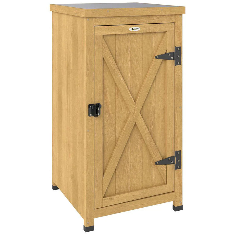 Outsunny Wooden Garden Shed, Garden Tool Storage Shed with Metal Top and Shelf, Light Brown