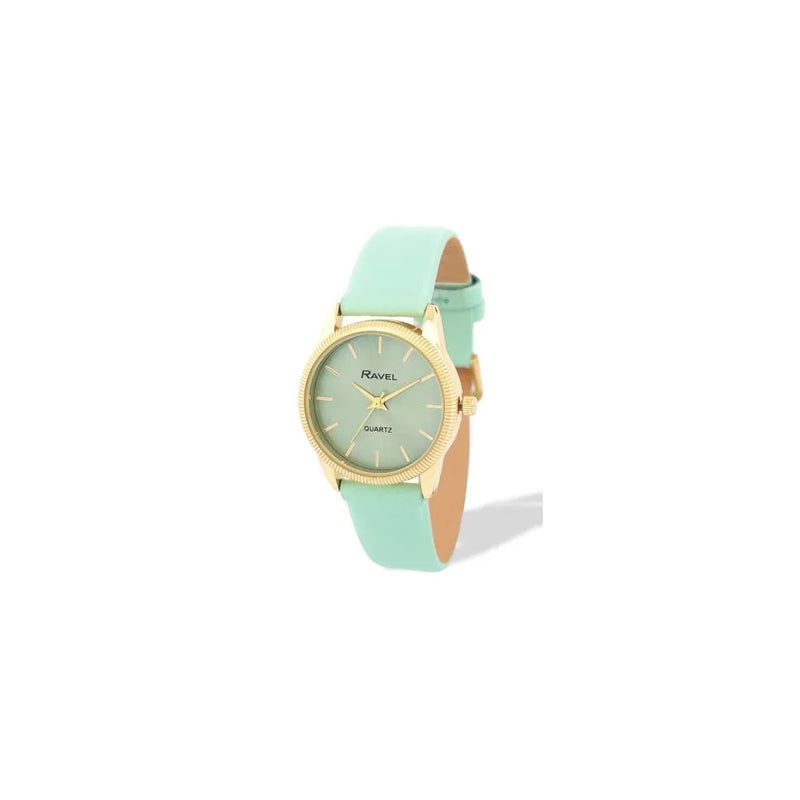 Ravel Ladies Fashion Round Golden Textured Case Dial with Green Leather Strap Watch
