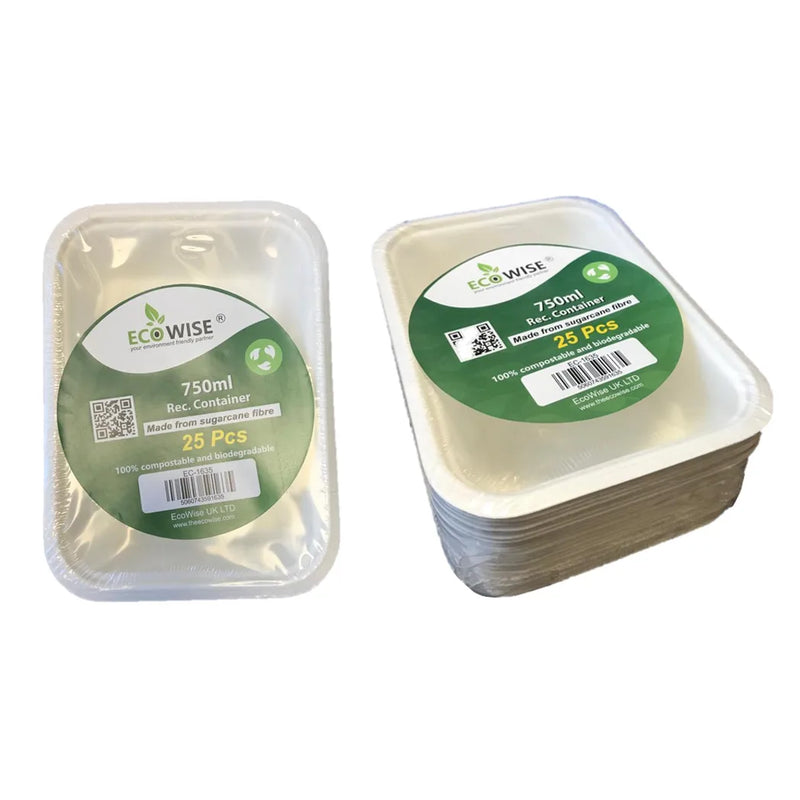 Disposable Compostable Eco – Bio Bagasse Rectangular Food Bowl Container 750 Ml Pack Of 25