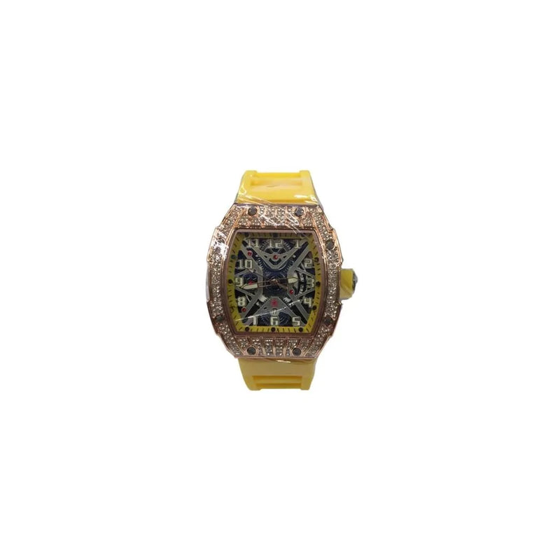 New Rubber Gents Rose Bling Fashion Quartz Movement Skeleton Clear Dial Yellow Rubber Strap Watch
