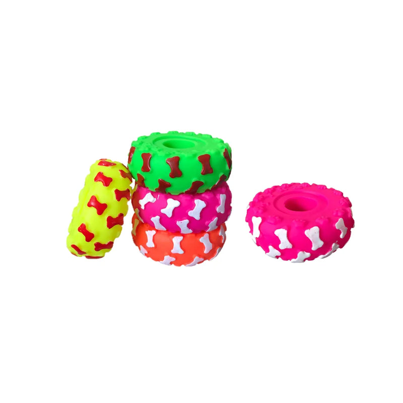 Pet Dog Toy Squeaky Wheel Tyre With Bone Print Assorted Colours