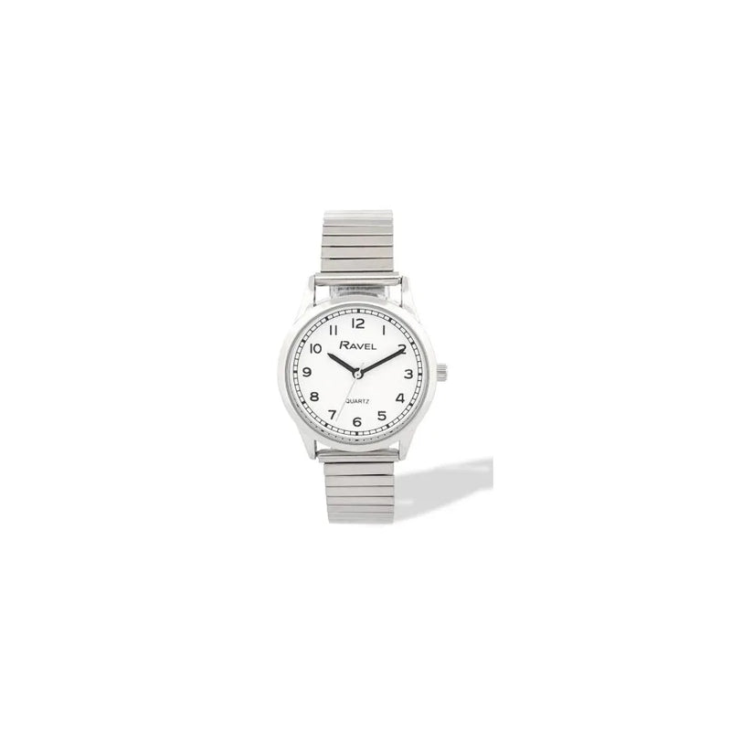 Ravel Ladies Basic Easy Read Minute Track on White Dial Silver Stainless Steel Expander Bracelet Watch