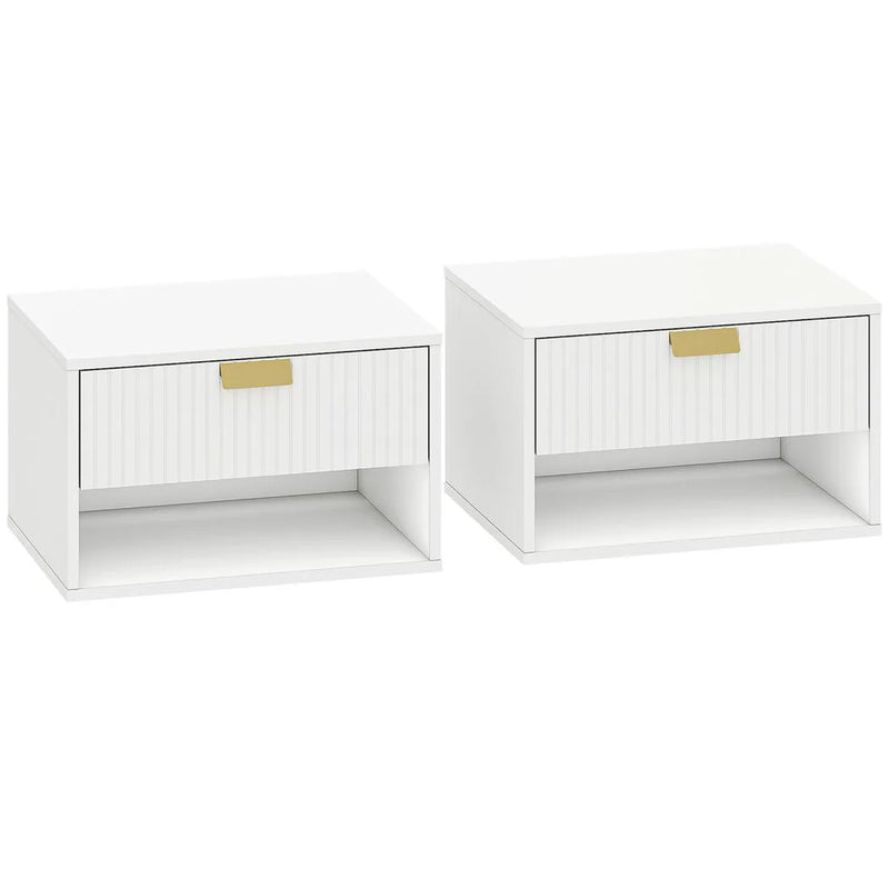 HOMCOM Set of 2 Wall Mounted Nightstands, Floating Bedside Tables with Fluted Drawer and Open Shelf for Small Bedroom, White