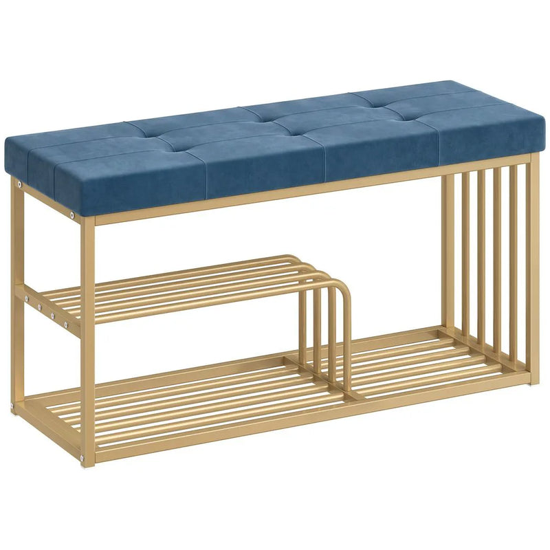 HOMCOM Bench and Shoe Storage, Tufted Shoe Storage Bench with Velvet Seat Cushion Gold Steel Frame for Entryway, Dark Blue