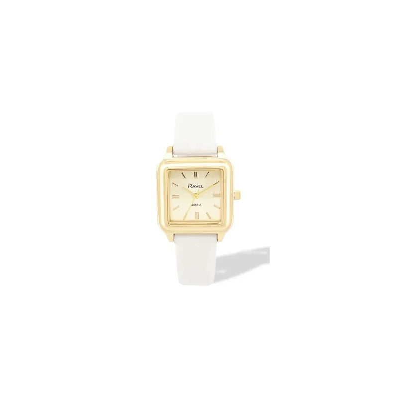 Ravel Ladies Fashion Summertime Square Gilt Case Dial with White Leather Strap Watch