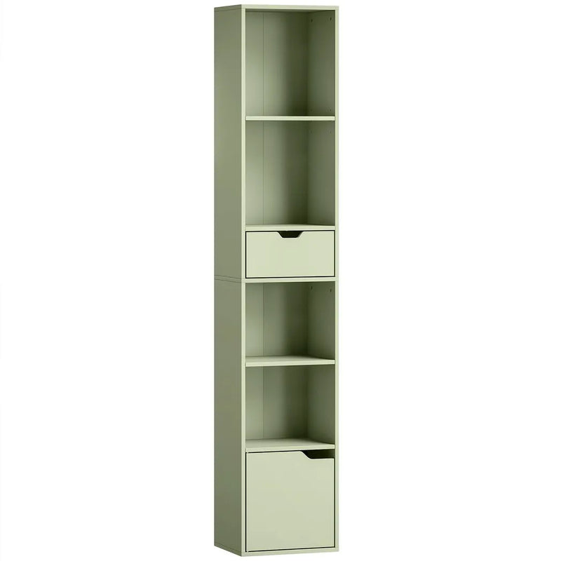 HOMCOM 6-Tier Bookcase, Tall Narrow Bookshelf with Drawer and Door - Green