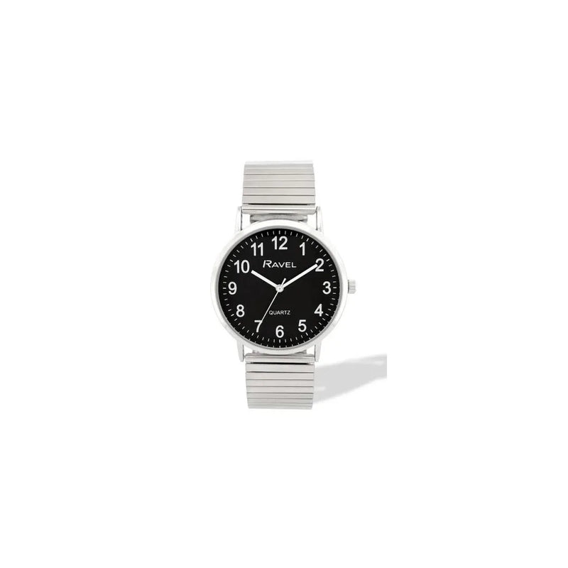 Ravel Mens Basic Everyday Black Dial Silver Stainless Steel Expander Bracelet Watch