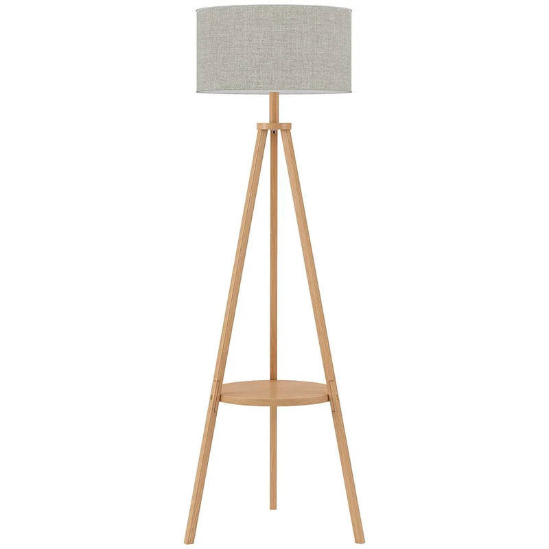HOMCOM Bedside Light, Tripod Floor Lamp with Storage Shelf and Linen Shade for Living Room, 160cm, Natural Wood Colour