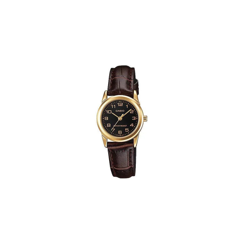 Casio Ladies Analogue Black Dial Gold Case Brown Leather Strap Watch - LTP-V001GL-1BUDF