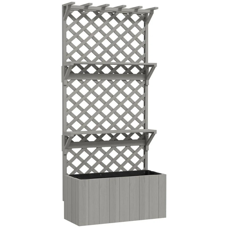 Outsunny 52L Wooden Planter, with Trellis and Shelves - Grey