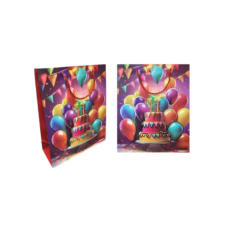 Paper Birthday Party Gift Bag With Cake And Balloon Design